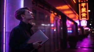 Chica con gafas y portátil en calle con neón, ambiente nocturno urbano, estilo cyberpunk.
