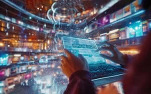 Consola de videojuegos con tecnología avanzada en un entorno digital futurista.