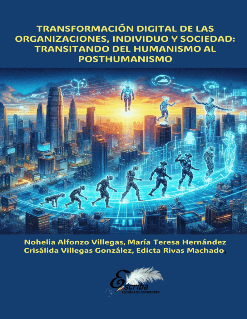 Ilustración de transformación digital con humanos y tecnología en ciudad moderna.
