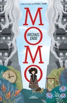 Imagen que ilustra la portada del libro "Momo" de Michael Ende, con personajes en un entorno surreal.